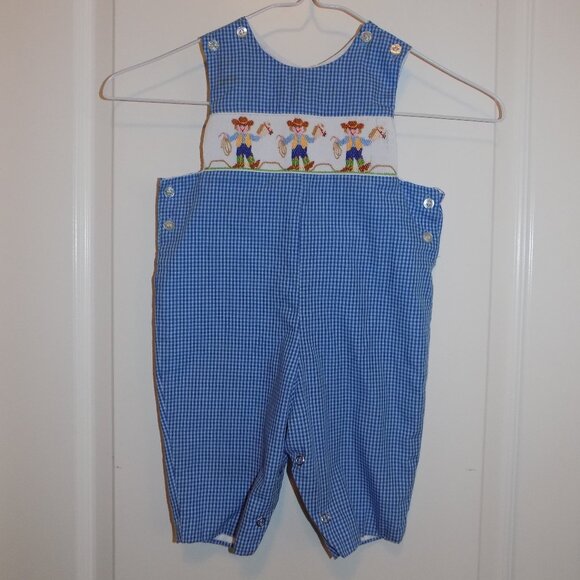 VELANI Boys Blue Gingham Check Longall Romper Cowboy Smocked 6M - Picture 1 of 7